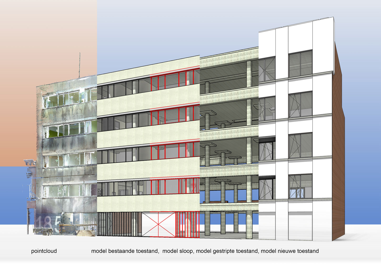 pointcloud revit model - transformatie kantoor loftwoningen Noordsingel Rotterdam