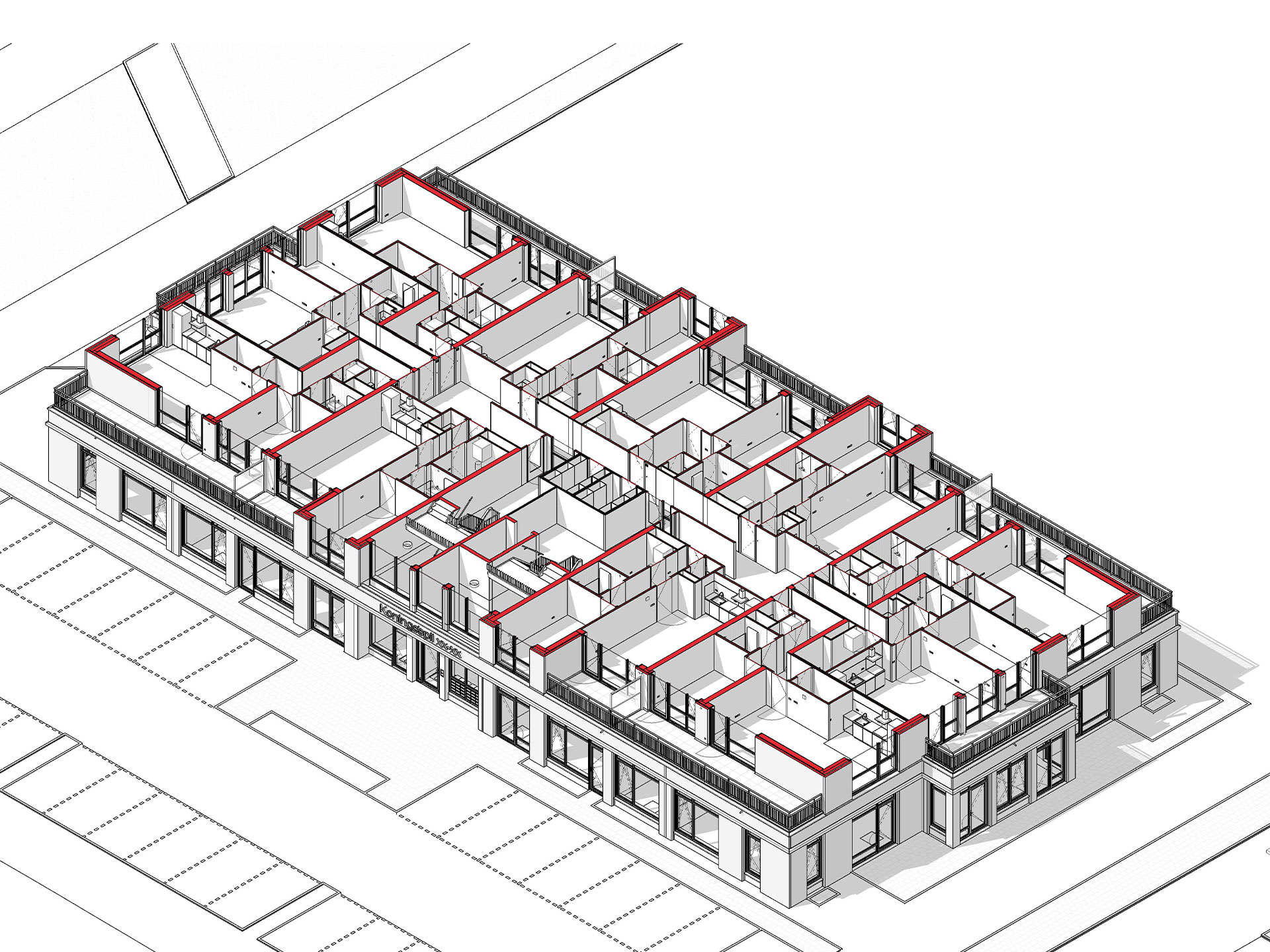 Moerkapelle Jonge Veenen basisschool en appartementencomplex isometrie eerste verdieping